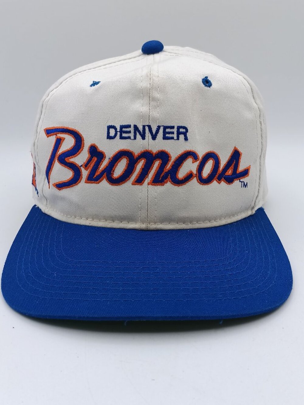 Vintage 90s Sports Specialties Denver Broncos White Script Snapback Hat Cap